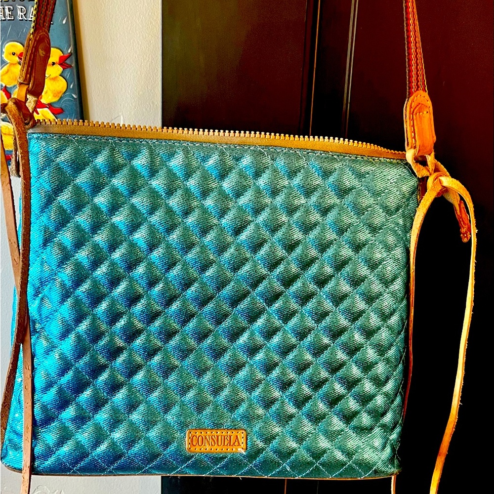Stunning Metallic Turquoise quilted Consuela purse with rainbow fabric strap!!!